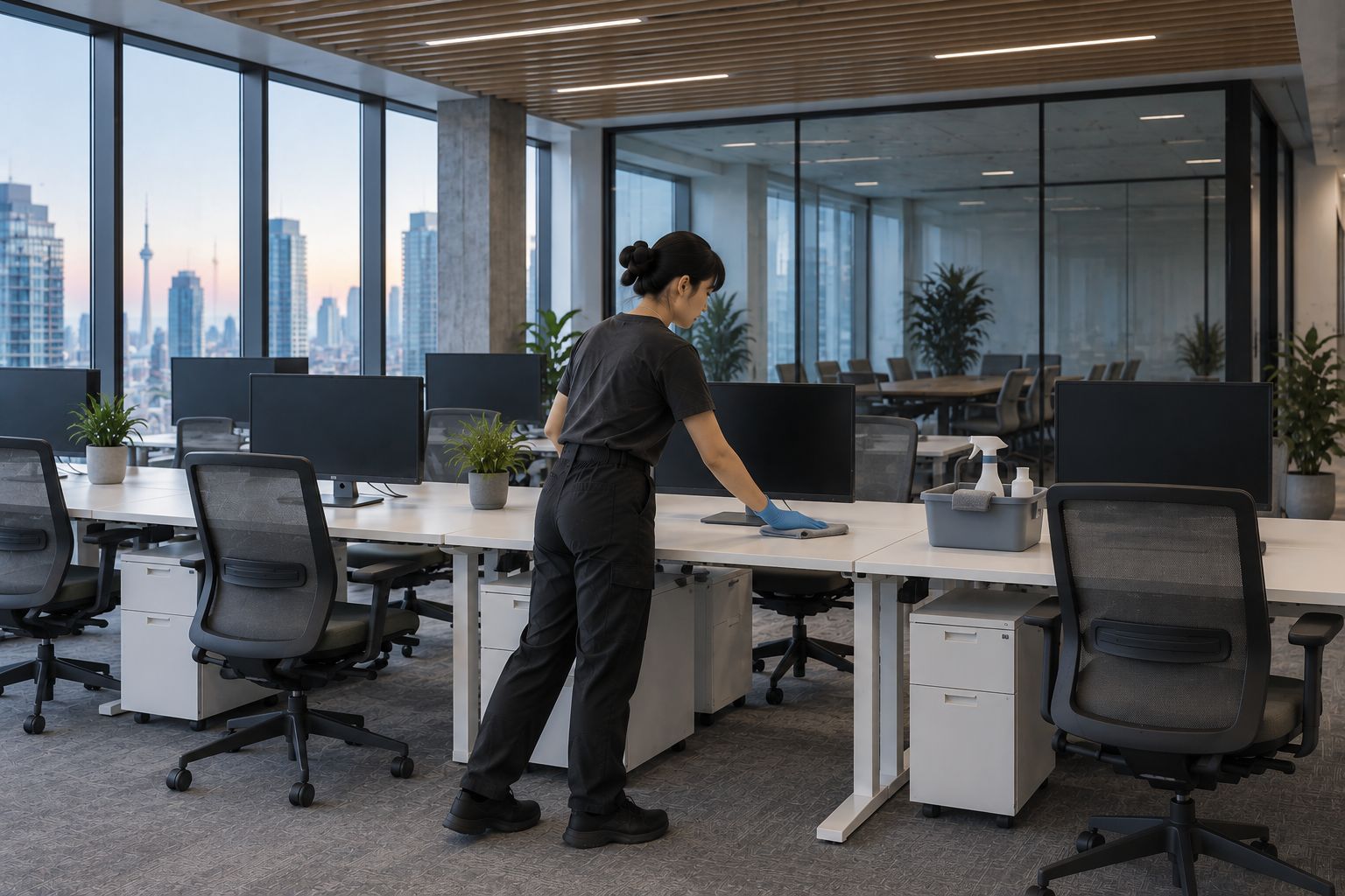 服务者在清晨无人的办公室里擦拭工位