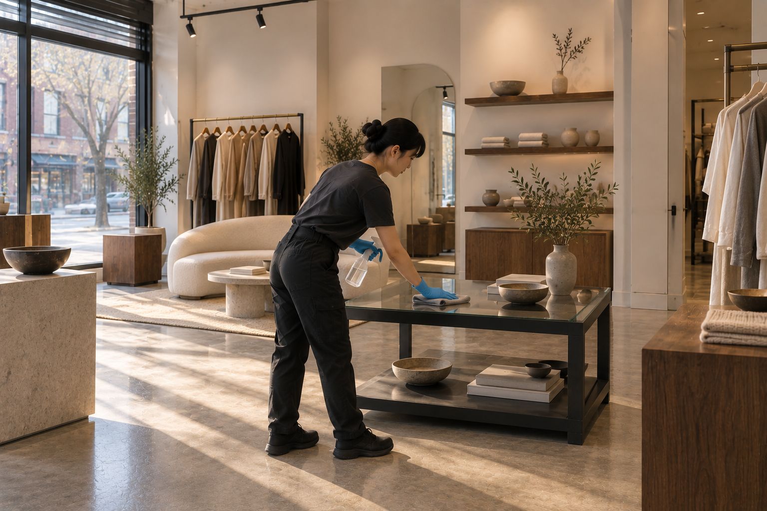 服务者在开门前的店铺里擦拭展示桌